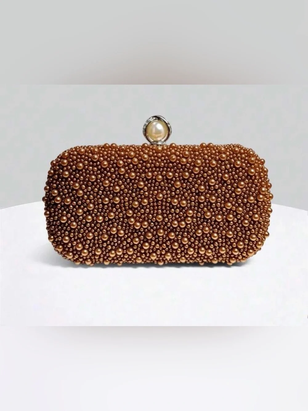 Pearl & Crystal Embellished Clutch - Brown